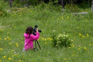 A photographer sitting in a field of grass