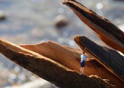 A tiny figure standing at edge of a log