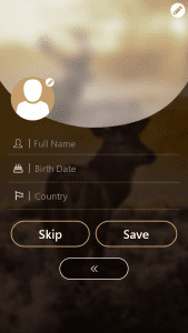 Screenshot of WWL app with a profile creation page. Full name, birthdate, country, skip, save.